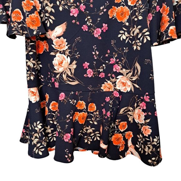 Eliza J. Navy Blue Orange Floral Bell Sleeve Flounce Dress Size 14 - Picture 5 of 8